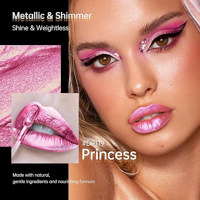 Depuplum Pink Lipsticks for Women Metallic Lipstick Long Lasting Non Stick Cup Lip Gloss, Shimmer Lightweight Hydrating Full Coverage Lip Color, DP119 Princess