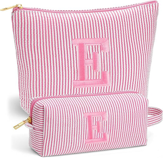 Initial Makeup Bag Set - Cute Pink Stuff for Women, Personalized Makeup Pouch Cosmetic Bag, Travel Essentials Toiletry Bag, Birthday Christmas Gifts for Women Stocking Stuffers, Pink Letter E