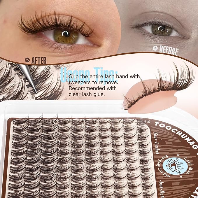 Brown Lash Clusters Manga Cluster Eyelash Extensions Dark Brown Eyelash Clusters Spiky C-Curly Cluster Lashes 10-16mm DIY Lash Extension 120pcs Individual lashes with Clear Band by TOOCHUNAG