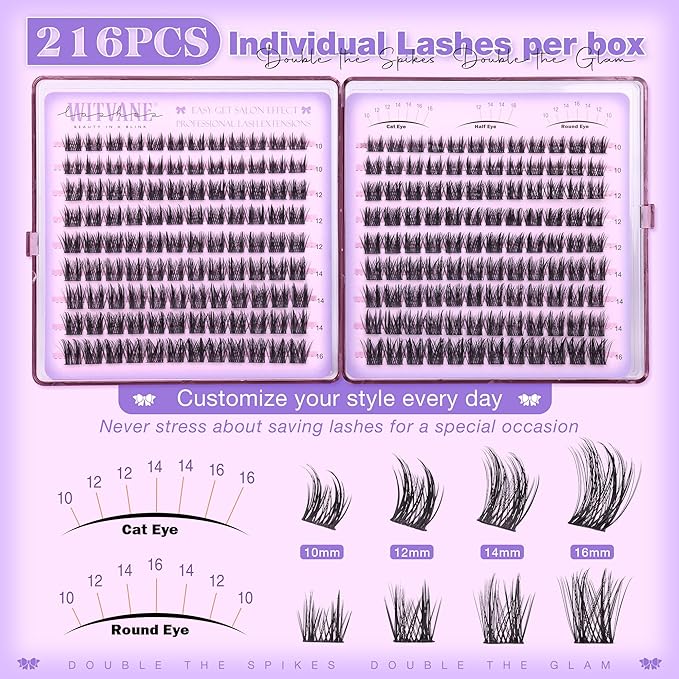 Wtvane Lash Clusters Wispy Eyelash Clusters 216Pcs Anime Individual Lashes Manga Lashes Clusters Natural10-16mm Fairy Cluster Eyelash Extensions Pestañas Postizas Naturales with Thin Band for Beginner