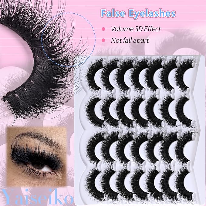 Wispy False Mink Lash Thick Long Lashes False Lashes Mega Look 5D Volume Dramatic 22mm Waterproof Soft Cat Eye Fake Eyelashes Pack by Yaiseiko（14 Pairs）