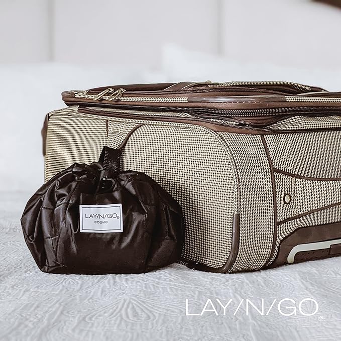 Lay-n-Go Cosmo Layflat Drawstring Cosmetic & Makeup Bag Organizer - Portable Drawstring Makeup Bag w/Zipper Pocket, Makeup Loops & More -Durable, Machine Washable Toiletry Bag (20", Metallic Silver)