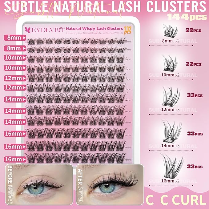 EYDEVRO Natural Lash Clusters Wispy Eyelash Clusters C Curl 8-16mm Cluster Eyelash Extensions DIY Lash Extensions at Home Cluster Lashes Reusable Waterproof Individual Lashes Soft Thin Band