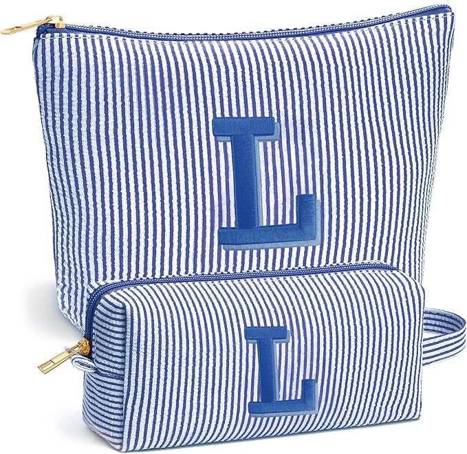Travel Toiletry and Makeup Bag - Travel Essentials for Women, Blue Initial Makeup Bags for Hair Ties, Clips, Brushes, Sponges, Lipsticks, Blush, Eyelash Curler, Easy to Carry, Blue Letter L