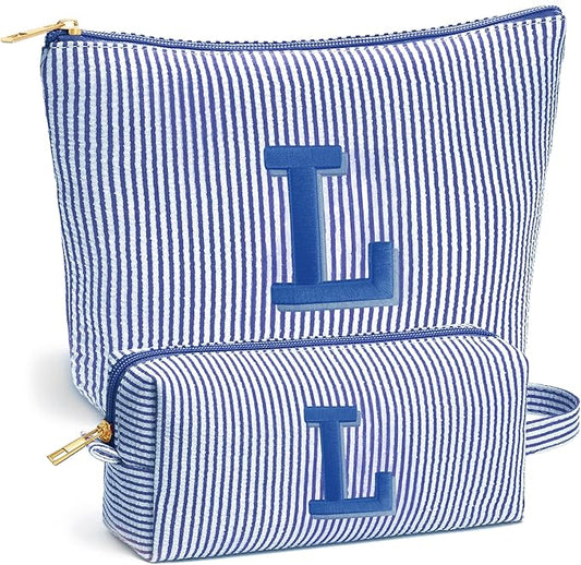 Travel Toiletry and Makeup Bag - Travel Essentials for Women, Blue Initial Makeup Bags for Hair Ties, Clips, Brushes, Sponges, Lipsticks, Blush, Eyelash Curler, Easy to Carry, Blue Letter L