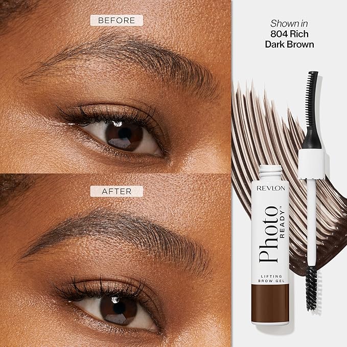 Revlon PhotoReady Lifting Brow Gel, Tinted Eyebrow Lamination with Spoolie Brush, Conditions, Shapes & Defines, 804 Rich Dark Brown, 0.23 fl oz