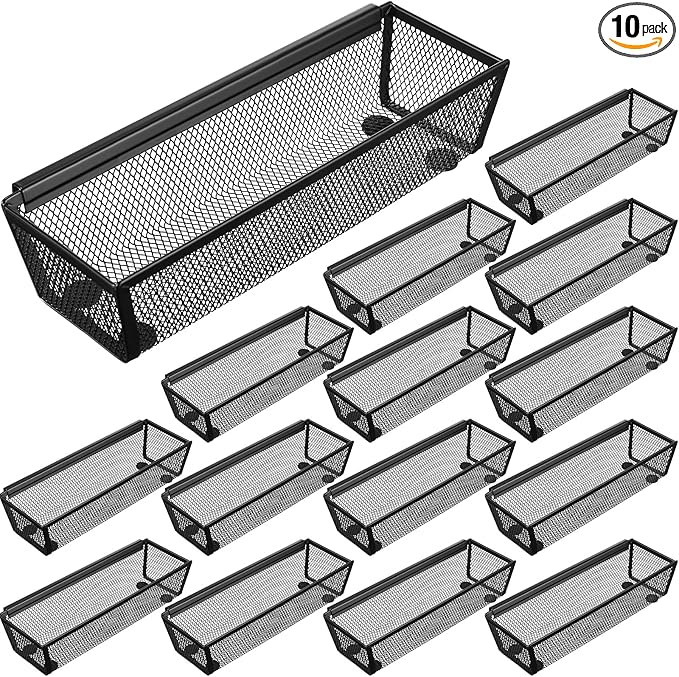 Chumia 10 Pack Silverware Drawer Organizer 9 x 3 x 2 Inch Mesh Utensil Organizer for Kitchen Drawers with Interlocking Arm for Flatware Knives Spoons Fork Cosmetic Utensil Tabletop Storage Tray