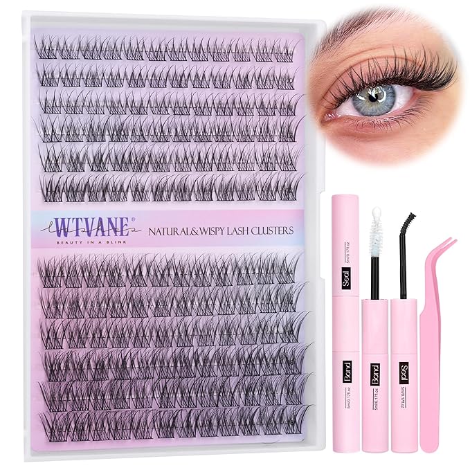 Wispy Lash Clusters Kit Natural Eyelash Clusters Extensions Kit 144pcs Individual Lashes DIY Lash Extension Kit with 10-16mm Lashes Clusters, Lash Bond and Seal,Lash Tweezers by Wtvane