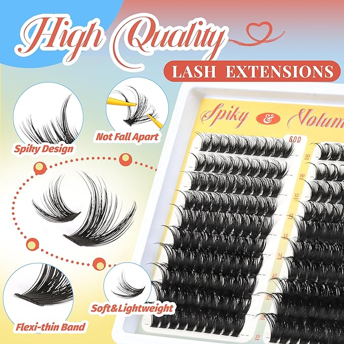Fyonas Wispy Lash Clusters 60D+80D+100D Spiky Volume Cluster Eyelash Extensions with Spikes 300Pcs D Curl Thick Fluffy Eyelash Clusters 10-18mm DIY Manga Individual Lashes (Cactus Bloom)