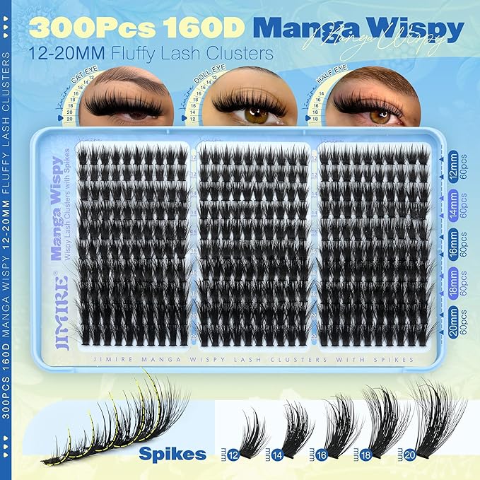 Manga Lash Clusters Volume Eyelash Clusters with Spikes 300Pcs Fluffy Cluster Eyelash Extensions 12-20MM Wispy Individual Lashes Clusters Easy to Apply DIY Lash Extensions at Home by JIMIRE