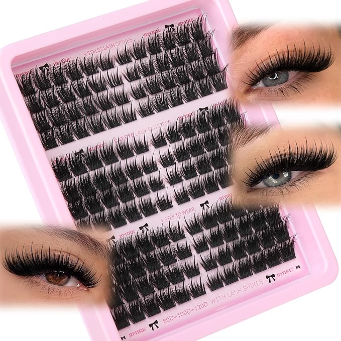 JIMIRE Wispy Lash Clusters with Spikes Cat Eye Cluster Eyelash Extensions 8-18MM C Curly Fuffy Eyelash Clusters 3 Styles Mixed Natural Spiky Cluster Lashes Easy to Apply DIY Lash Extension at Home