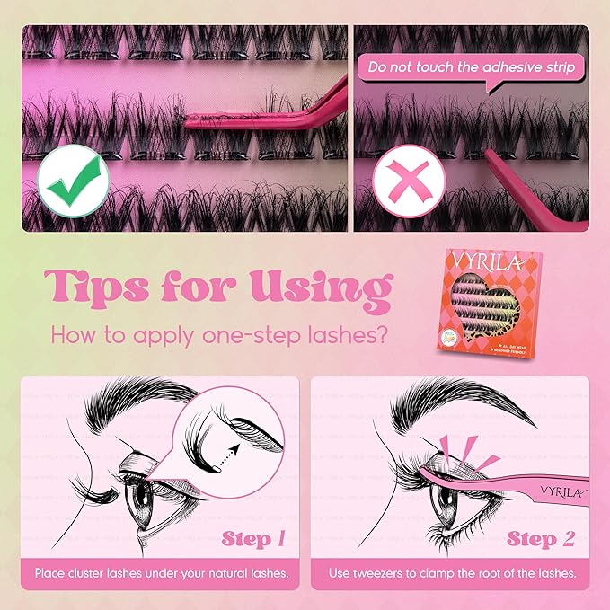 VYRILA Self Adhesive Lash Clusters Kit, D Curl Wispy Pre Glued Lash Extensions with Tweezers, Reusable 0.1mm Ultra Thin Band Natural Eyelashes, Easy Apply Eyelash Clusters for Beginners(PG-ZE02)