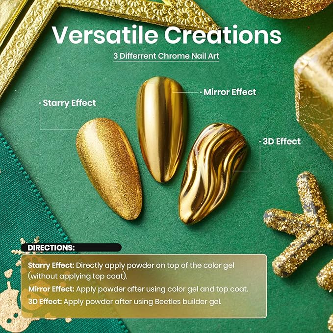 Beetles Chrome Nail Powder 8 Colors Mirror Effect Gold Silver Holographic Aurora Iridescent Pearl Manicure Nail Art Decoration Glitter Cromer Nail Powder for Nails 1g/Jar Gift for Women