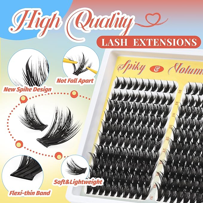 Fyonas Manga Lash Clusters Kit Spiky Anime Cluster Eyelash Extensions with Spikes 300Pcs D Curl Thick Volume Eyelash Clusters 10-16mm DIY Fairy Wispy Individual Lashes Kit (Prism Shard Kit)