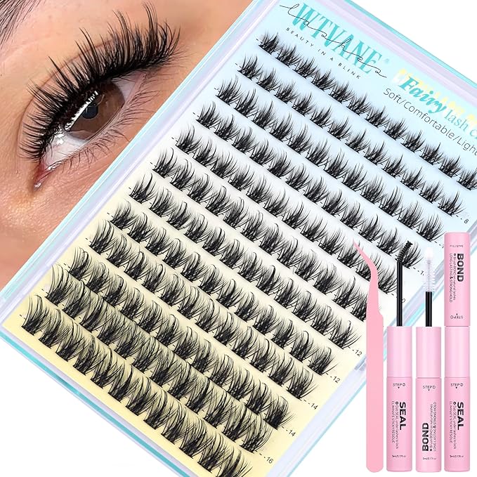 Wtvane Lash Clusters Kit Wispy Eyelash Clusters Manga Lash Extensions Kit 8-16mm Natural Cluster Eyelash Extensions Fairy False Lashes DIY Individual Lashes Clusters Kit Spikes Lash Clusters