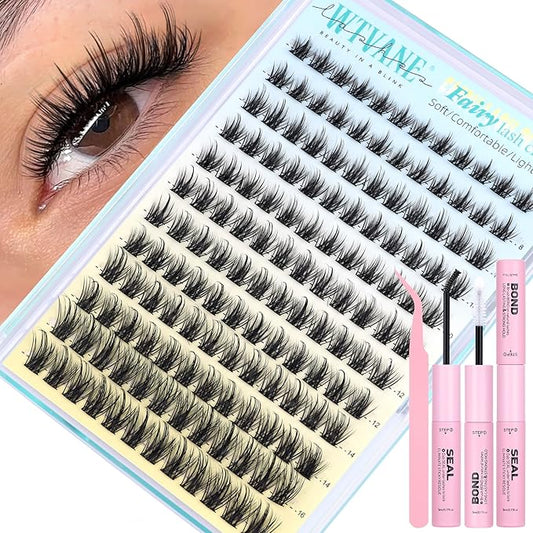 Wtvane Lash Clusters Kit Wispy Eyelash Clusters Manga Lash Extensions Kit 8-16mm Natural Cluster Eyelash Extensions Fairy False Lashes DIY Individual Lashes Clusters Kit Spikes Lash Clusters