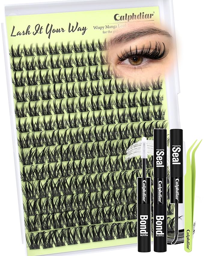 Calphdiar DIY Lash Extension Kit Thick Lash Clusters Kit Wispy Eyelash Clusters 8-18mm D Curve Eyelash Extension Kit Manga Spiky Lash Extension Individual Lashes with Lash Bond and Seal Tweezers