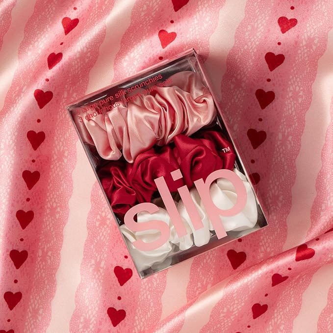slip Large Scrunchies: Rosy | Set of 3 Pure Silk Large Scrunchies | Includes 1 Scarlet, 1 Rose, 1 White | 100% Mulberry Silk, Anti-Crease, Gentle on Hair, Reduces Breakage