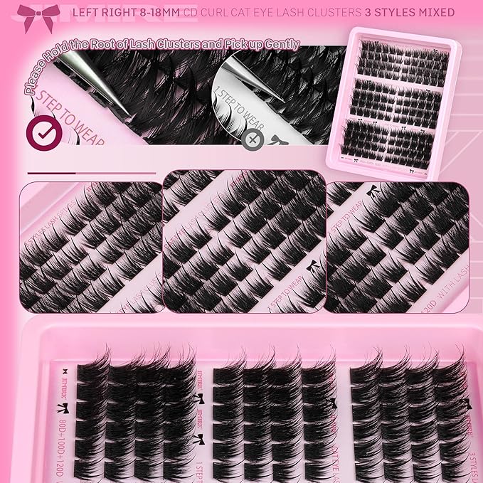 JIMIRE Wispy Lash Clusters with Spikes Cat Eye Cluster Eyelash Extensions 8-18MM C Curly Fuffy Eyelash Clusters 3 Styles Mixed Natural Spiky Cluster Lashes Easy to Apply DIY Lash Extension at Home