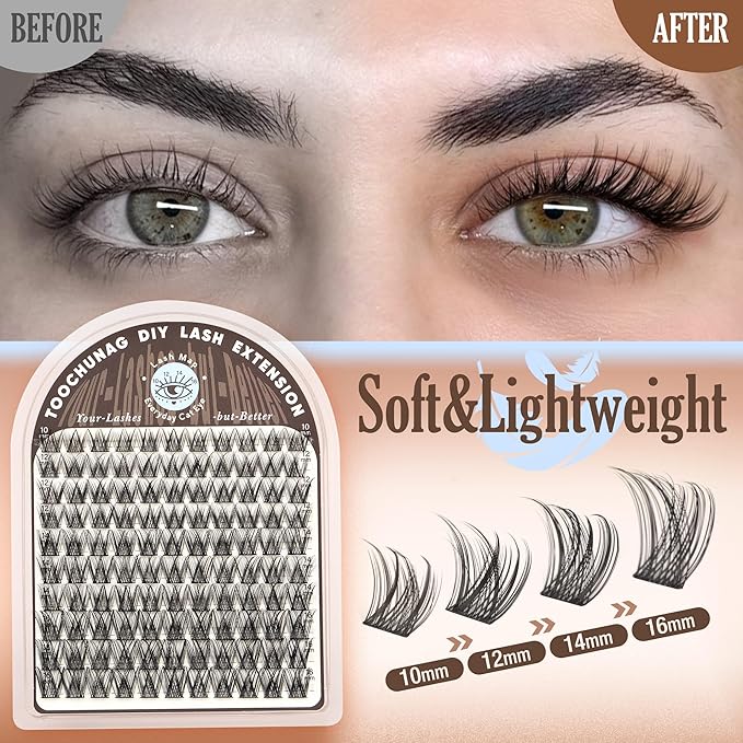 TOOCHUNAG Lash Clusters Natural Wispy Eyelash Clusters C Curly DIY Eyelashes Extensions 10-16MM Pestañas Postizas Naturales Thin Band Individual Cluster Lashes