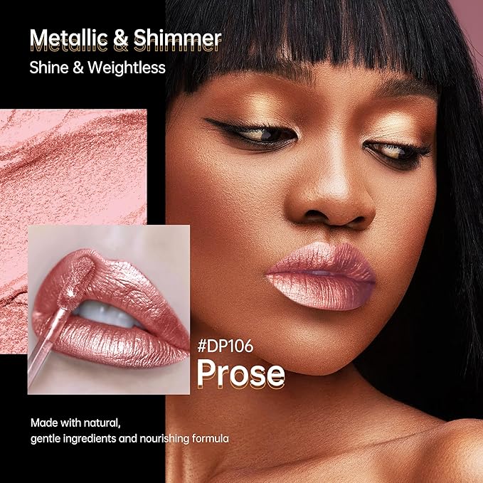 Depuplum Nude Pink Lipsticks for Women Metallic Lipstick Long Lasting Non Stick Cup Lip Gloss, Shimmer Lightweight Hydrating Full Coverage Lip Color, DP106 Prose