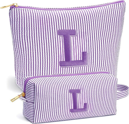 Travel Toiletry and Makeup Bag - Travel Essentials for Women, Purple Initial Makeup Bags for Hair Ties, Clips, Brushes, Sponges, Lipsticks, Blush, Eyelash Curler, Easy to Carry, Purple Letter L