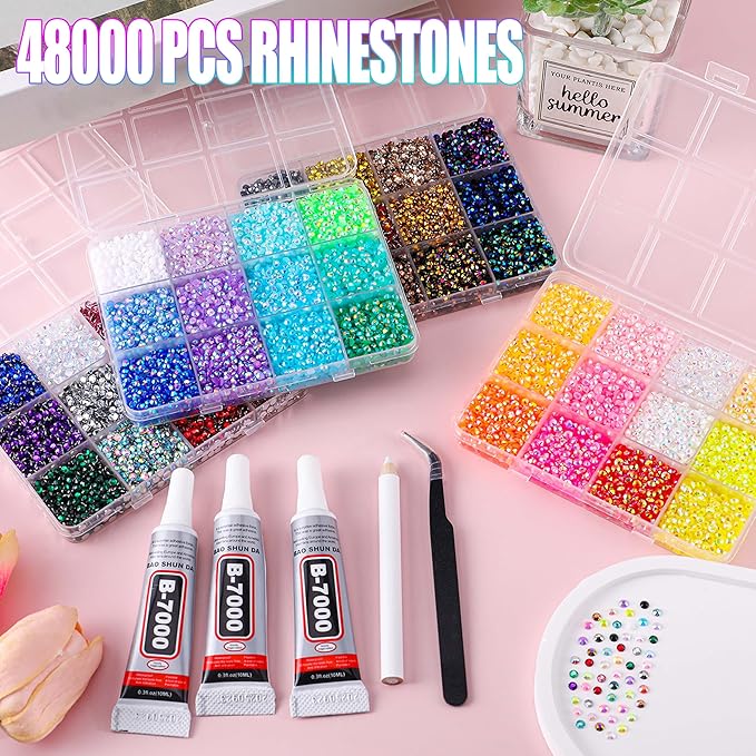 BANA 48000Pcs in 48 Colors Rhinestones for Bedazzling and Diamond Art, 3mm Flatback Gems with 3×10ml B7000 Jewelry Glue Tweezers, Perfect for Nail Art, Crafting, Clothing, Fabric Decor