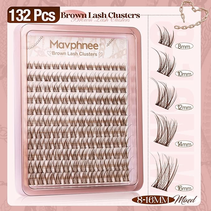 Wispy Cluster Eyelash Extensions Kit Brown Lash Clusters Kit Natural Fluffy Individual Lashes Clear Band Cluster Lashes Pack Dark Brown DIY Lash Extensions Lash Bond and Seal Clear (132Pcs, 8-16MM)