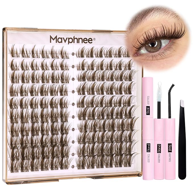 Brown Lash Clusters Kit Dark Brown Eyelash Clusters 120 Pcs Natural Lash Extension Kit 10-16MM CC-Curly Individual Lashes Kit with Lash Bond and Seal Lash Glue and Tweezers by Mavphnee