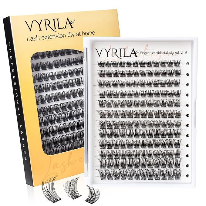 VYRILA Lash Clusters 8-16mm, False Eyelashes 144pcs, Cluster Eyelash Extensions Matte Black Soft, Diy Lash Extensions D Curl Natural Lash Clusters Faux Mink Lashes Wispy（Sway,144pcs,0.07,D,8-16MIX)
