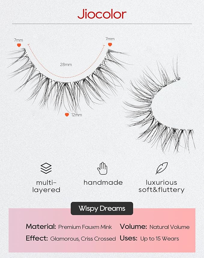Natural False Eyelashes Clear Band Lashes Natural Look Jiocolor Wispy Faux Mink Lashes Demi-wispies Fake Lahes 12MM 7 Pairs Wispy Dream(7mm-12mm)