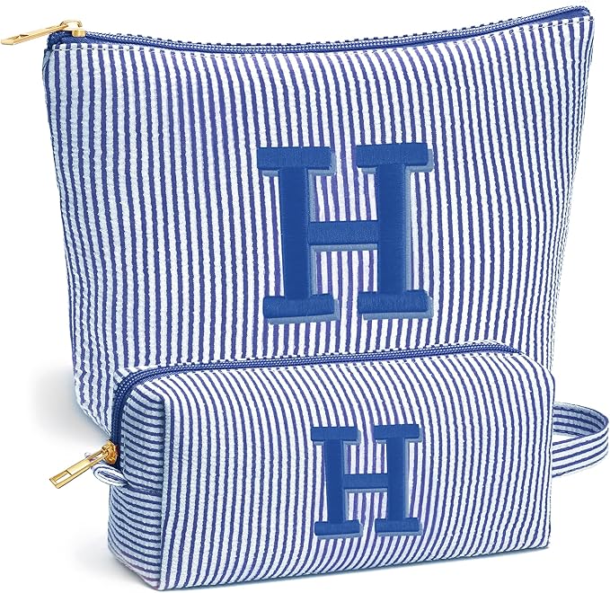 Christmas Gifts for Women - Christmas Stocking Stuffers, Personalized Small Makeup Bag for Purse Travel Makeup Bag Set, Initial Make up Bag Pouch,Birthday Gifts for Women, Blue Letter H