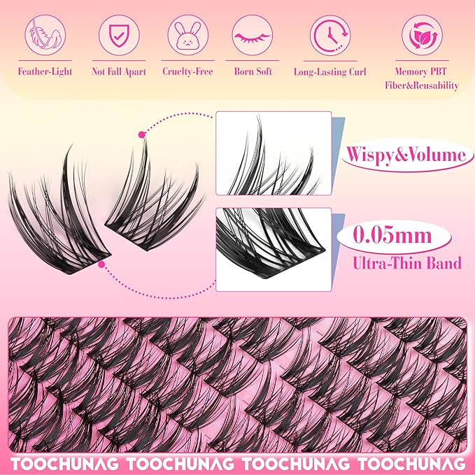 Wispy Lash Clusters Kit Spiky Manga Lashes Extension Kit 8-14mm Eyelash Clusters DIY Individual Lashes Clusters with Thin Band Cluster Eyelash Extensions Kit with Lash Glue&Tweezers by TOOCHUNAG