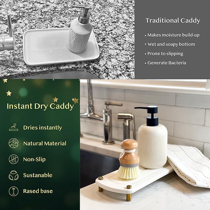 2PCS Water Absorbing Stone Soap Tray for Kitchen Bathroom Sink, Quick Dry Diatomaceous Earth Drying Rack and Shower Caddy, Soap Dispenser and Sponge Holder Organizer for Countertop, TWINKLE MOMENT; Pure White