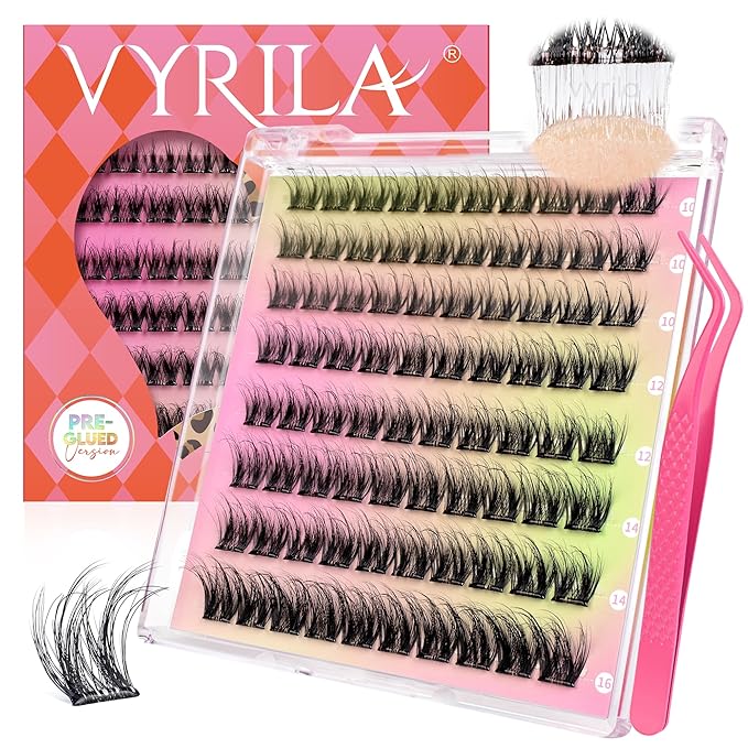 VYRILA Self Adhesive Lash Clusters Kit, D Curl Wispy Pre Glued Lash Extensions with Tweezers, Reusable 0.1mm Ultra Thin Band Natural Eyelashes, Easy Apply Eyelash Clusters for Beginners(PG-ZE02)