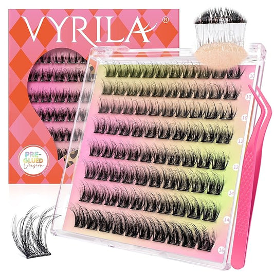 VYRILA Self Adhesive Lash Clusters Kit, D Curl Wispy Pre Glued Lash Extensions with Tweezers, Reusable 0.1mm Ultra Thin Band Natural Eyelashes, Easy Apply Eyelash Clusters for Beginners(PG-ZE02)