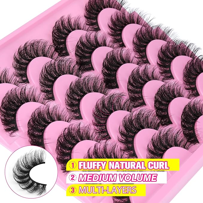 Yawamica False Lashes Wispy 16mm Mink Lashes Pack 12 Pairs 5D Fluttery Volume Fake Eyelashes Cat Eye Natural Look