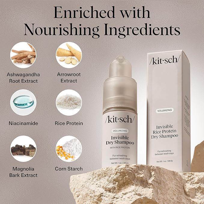 Kitsch Volumizing Rice Protein Dry Shampoo Powder - Dry Shampoo for Women & Men, No White Cast, Absorbs Oil, Non-Greasy, Light-to-medium Hair Colors, Travel Size | Ideal Gifts for Women- Invisible 1oz