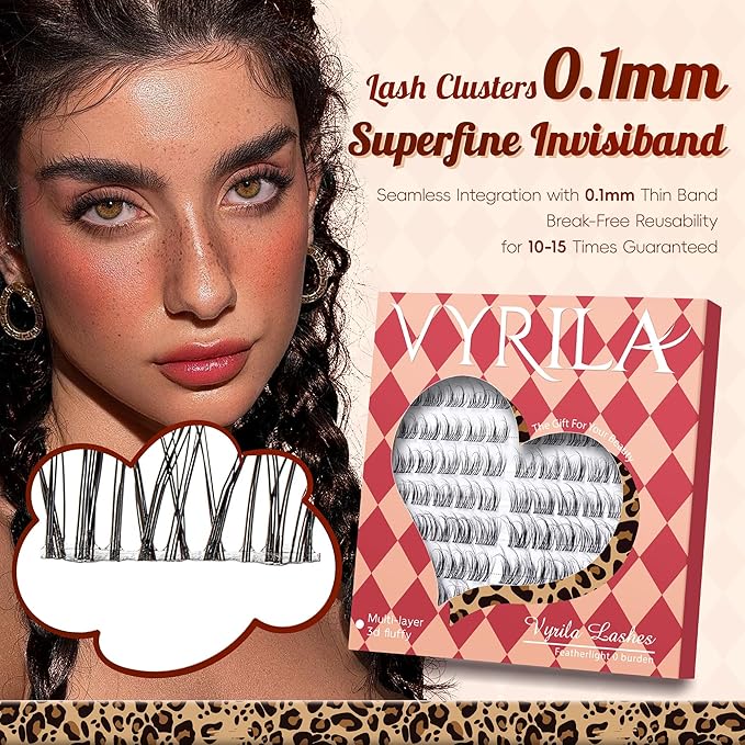 VYRILA Lash Clusters 0.05mm PBT Fiber Eyelash Clusters, 0.1mm Superfine Invisiband D Curl Diy Lash Extension, 80pcs 8-16mm Individual Lashes Clusters Like Eyelash Extensions (Divine-D-8-16Mix)