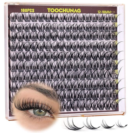 TOOCHUNAG 12-18mm Eyelash Clusters Wispy Lash Clusters 160pcs Fairy Cluster Eyelash Extensions Curly Individual Lashes Extension Long Thin Band False Eyelashes Clusters