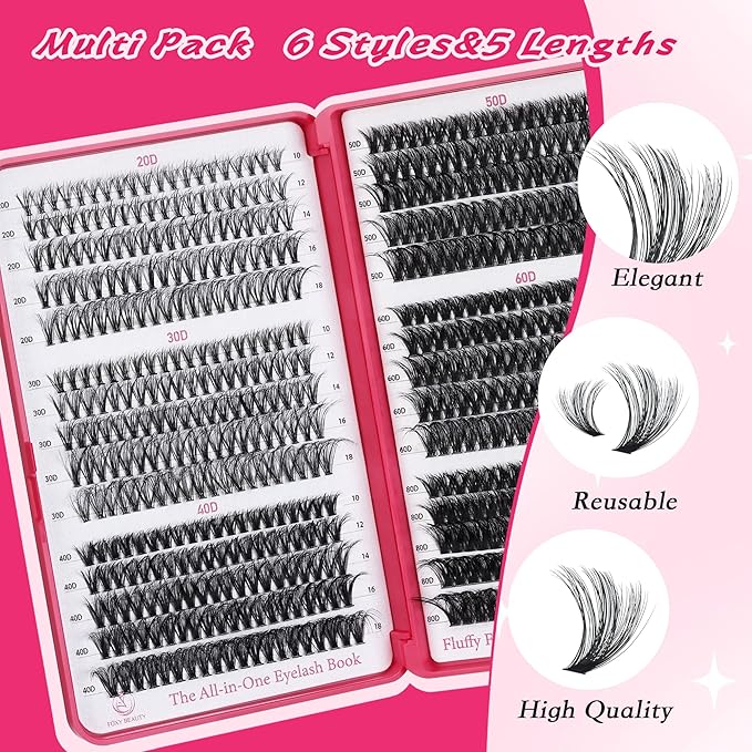 Lash Clusters 600PCS Lash Clusters Kit 20D30D40D50D60D80D Wispy Lashes D Curl Eyelash Clusters Natural DIY Eyelash Extensions Kit for Beginners 10-18MM