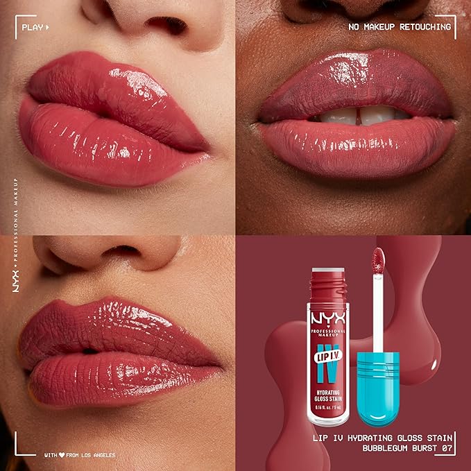 NYX PROFESSIONAL MAKEUP Lip IV Hydrating Glossy Lip Stain with 12HR Hydration - Bubblegum Burst (Pink)