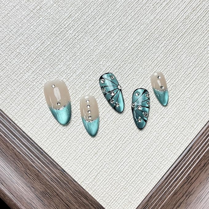 MAGLFELL Women Press On Nails - Medium Almond False Nails 10Pcs Luxury Handmade 3D Painting Art ABS Acrylic Artificial Fingernails (Size M)