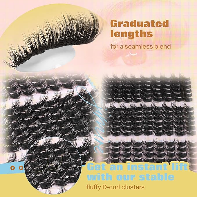 Fluffy Lash Clusters Kit Manga Eyelash Clusters Kit CD Curly Wispy Cluster Eyelash Extensions Kit with Bond and Seal Lash Glue 14-18MM Fluffy DIY Lash Extension Kit at Home by JIMIRE