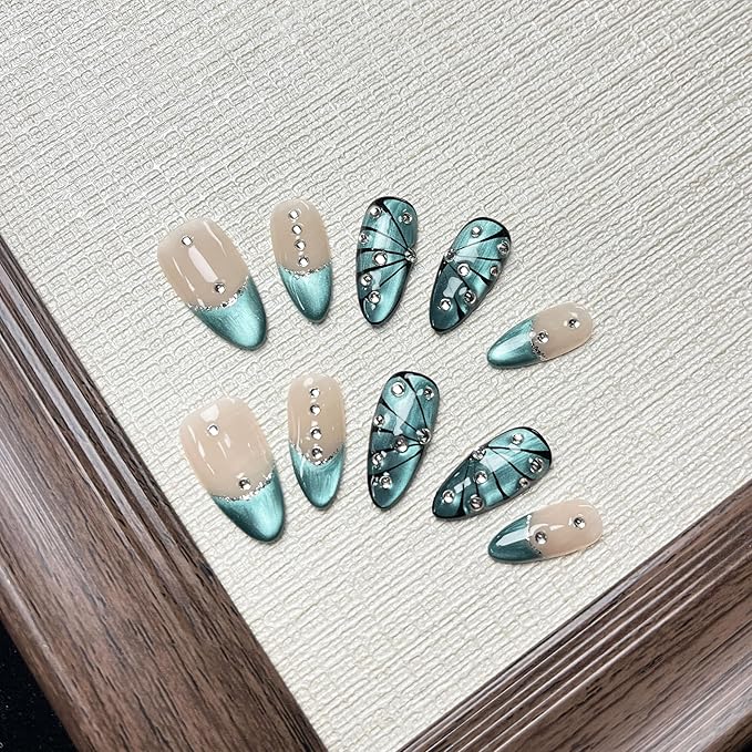 MAGLFELL Women Press On Nails - Medium Almond False Nails 10Pcs Luxury Handmade 3D Painting Art ABS Acrylic Artificial Fingernails (Size M)