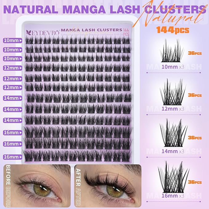 EYDEVRO Manga Lash Clusters Kit Wispy Natural Cluster Eyelash Extensions 10-16mm Fairy Eyelash Clusters Kit Lash Extension Kit Soft Thin Band Individual Lashes Lash Bond and Seal Lash Tweezers Brushes