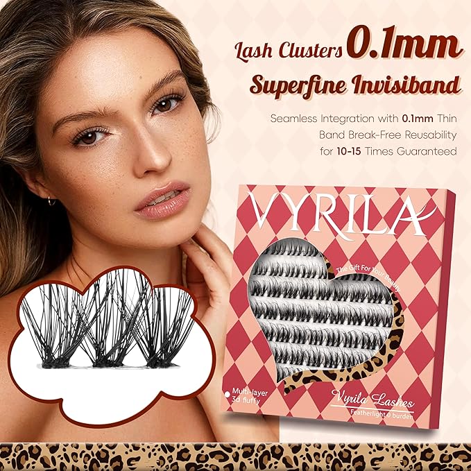 VYRILA Lash Clusters 0.05mm PBT Fiber Eyelash Clusters, 0.1mm Superfine Invisiband D Curl Diy Lash Extension, 72pcs 8-16mm Individual Like Eyelash Extensions (Soul-D-8-16Mix)