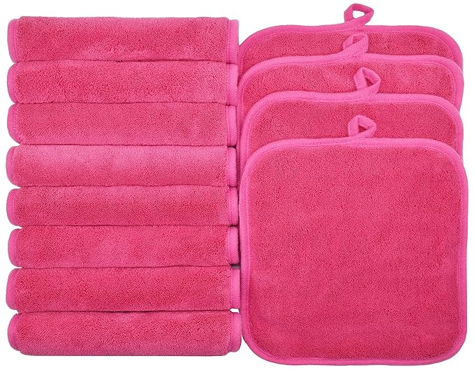 BloomSesame Makeup Remover Cloths for Face, Eye, Lips - Reusable Makeup Remover Pads Soft Microfiber Facial Cleansing Cloths 8 x 8 inch 12 Pack (Dark Pink)