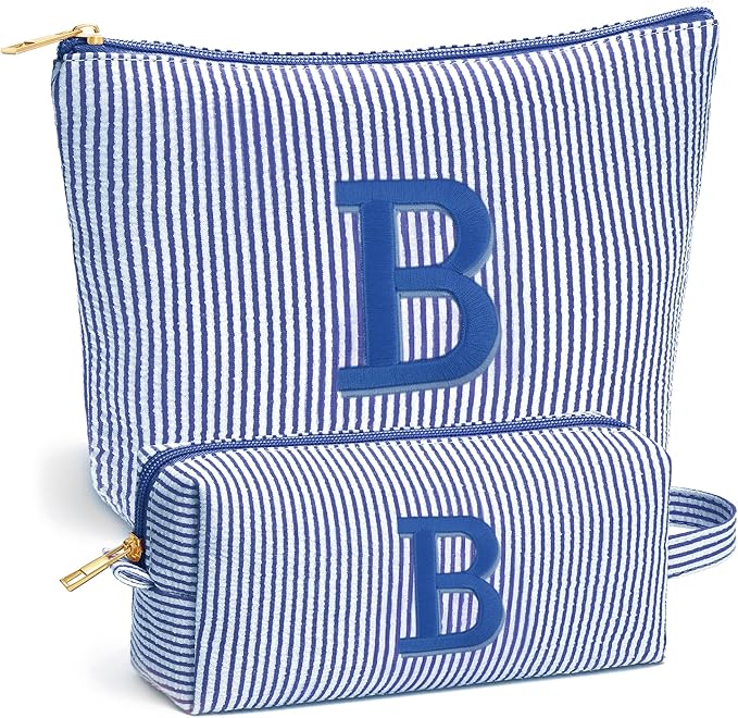 Birthday Gifts for Women - Custom Initial Makeup Bag Set, Portable Makeup Pouch Cosmetic Bag with Zipper, Travel Essentials Toiletry Bag Travel Gifts for Women, Blue B