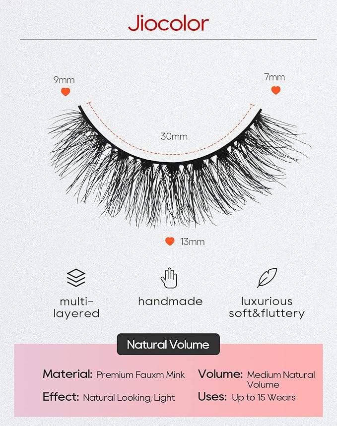 Jiocolor Fake Lashes Natural Look Wispy Fluffy Lashes 3D Faux Mink Lashes False Eye Lashes Reusable 7 Pairs False Eyelashes 13MM